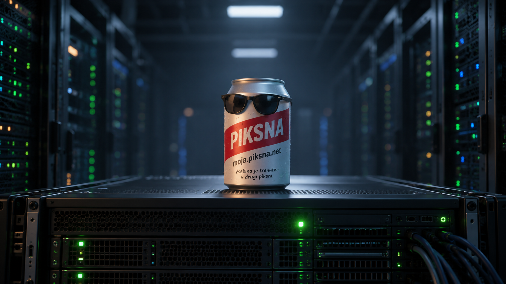 Piksna s sončnimi očali v strežniški sobi. Na njej piše: moja.piksna.net. Vsebina je trenutno v drugi piksni.